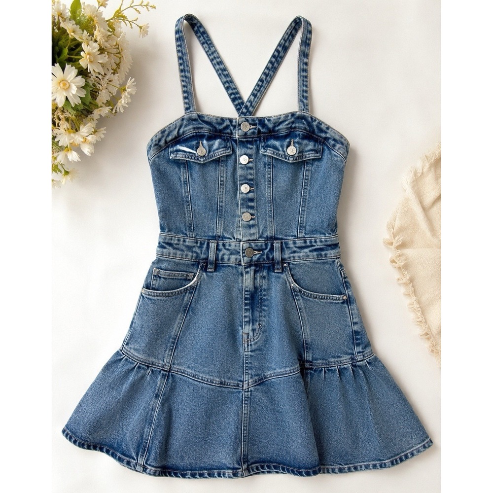Seven For All Mankind Denim Mini Dress XS Blue Button Front Strappy Pockets